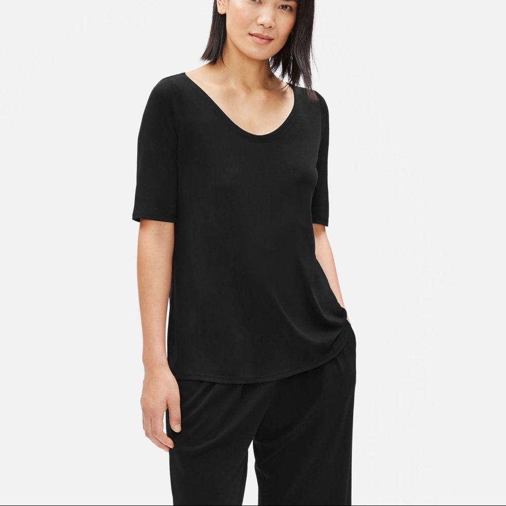 Eileen fisher Stretch Silk Jersey Rounded V-Neck Tee Medium